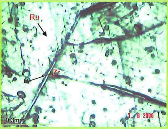Corundum Showing Typical Three Sets Of Short Rutile Needles And Small Zirzon Inclusions photomicrogaph image