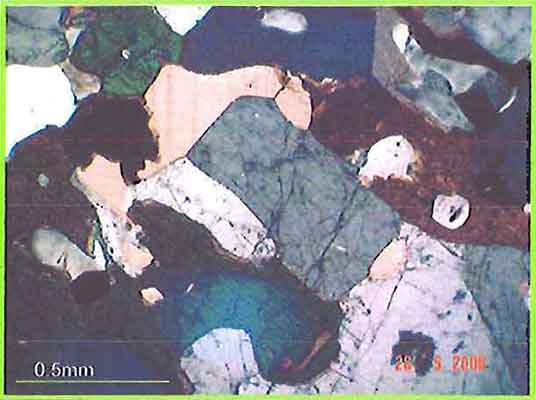 Rectangular Shaped Nepheline, Hornblende And Calcite photomicrogaph image