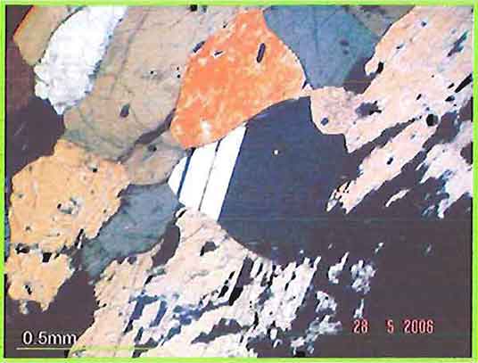 Feldspar Showing Combination Of Carlsbad And Albite Twin, Hornblende And Nephrite In Ijolite photomicrogaph image